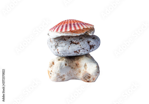 Konstfotografi Stacked Sea Stones and Pink Seashell on Transparent Background