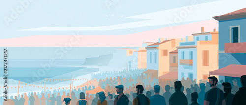 Coastal town celebrating Virgin del Carmen festival with crowd silhouettes  