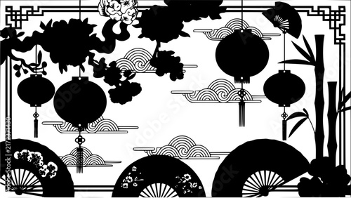 Minimalist black and white japanese style illustration with cherry blossoms and traditional fans Vector