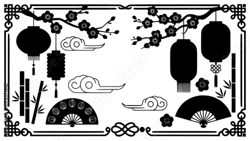 Vintage asian style decorative elements with lanterns and fans illustration Vector