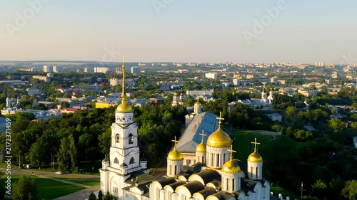 Russia, Vladimir. Dormition Cathedral in Vladimir (Assumption Cathedral) Cathedral of the Vladimir Metropolitanate of the Russian Orthodox Church. Drone footage, Departure of the camera