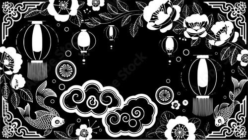 Vintage style illustration of floating lights and abstract clouds in black and white Vector
