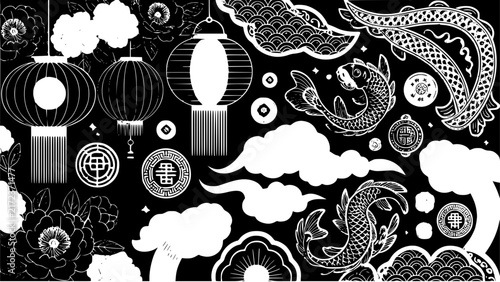 Abstract geometric patterns with celestial and organic shapes in black and white Vector