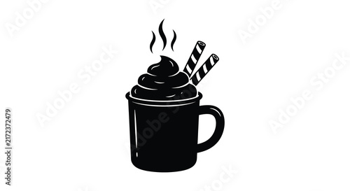 Hot cocoa with marshmallows and wafer cookies is a black silhouette