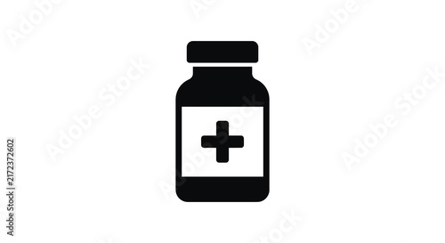 Medicine bottle with a plus sign is shown as a black silhouette
