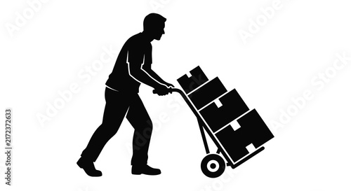 Man pushing hand truck with stacked boxes black silhouette worker