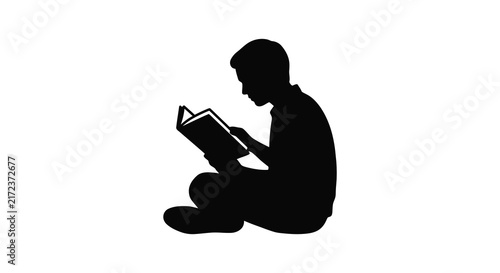 A young person seated and reading an open book black silhouette