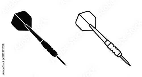 Two darts presented in a black and white line silhouette style