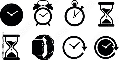 Canvas Print Collection of timekeeping devices depicted as black silhouettes against a white