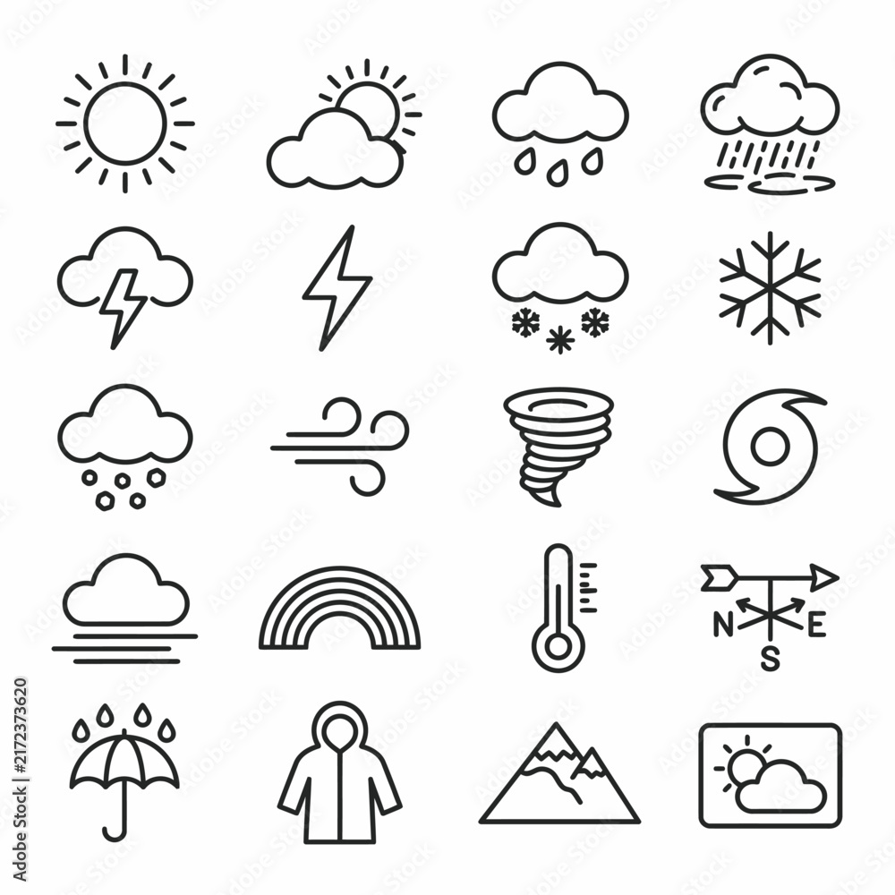 Naklejka premium Meteorological weather icon set featuring climate conditions and atmospheric forecast symbols