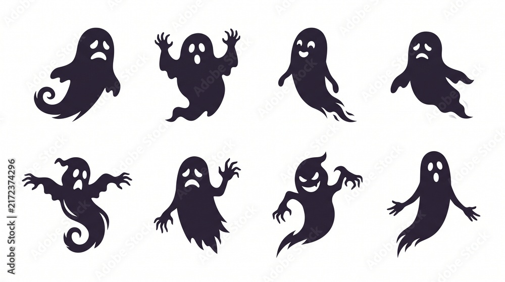 Obraz premium Ghost Silhouettes Set with Varied Expressions, Spooky Halloween Design. Vector Illustration for Festive Decorations