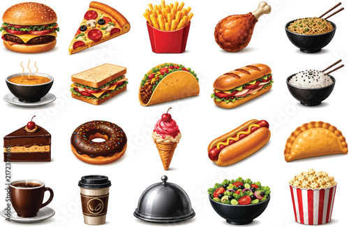 Fast food and drink vector icon set featuring hamburger, pizza, coffee, sushi, and sweet dessert illustrations