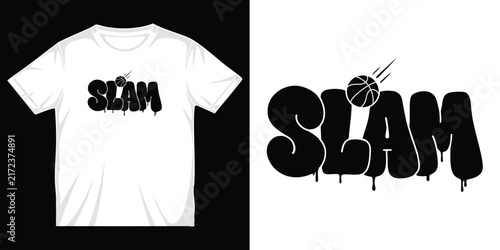 Slam basketball t-shirt design with black dripping graffiti style typography and a dynamic basketball graphic. t-shirt