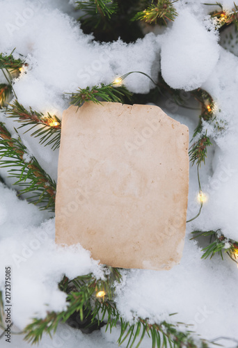 Blank vintage card rests on snowy spruce