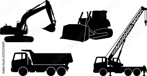 Фотография Construction machinery silhouettes depict an excavator bulldozer dump truck and