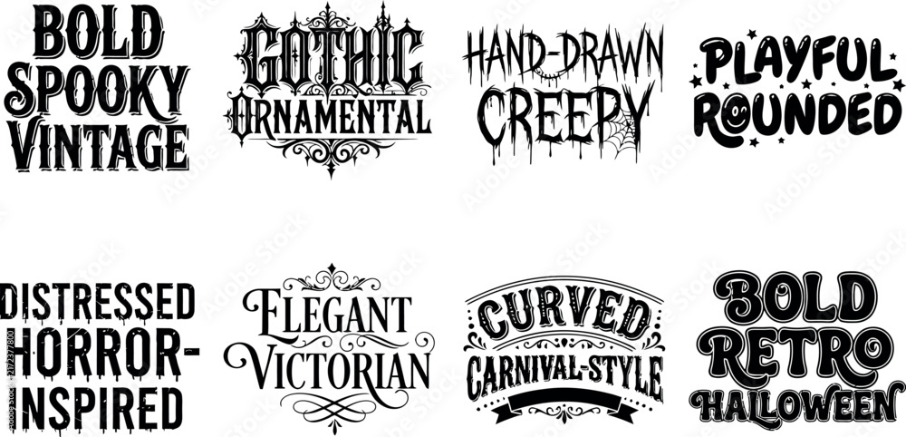 Fototapeta premium A diverse compilation of eight distinct textured halloween typography designs presented individually on a clear transparent backdrop for versatile design applications