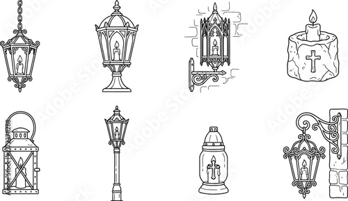 A curated grouping of antique street lamp illustrations in a classic black and white engraving style presented on a clear transparent backdrop