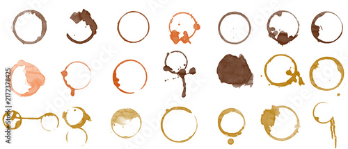 Collection of various coffee cup stains isolated on transparent background