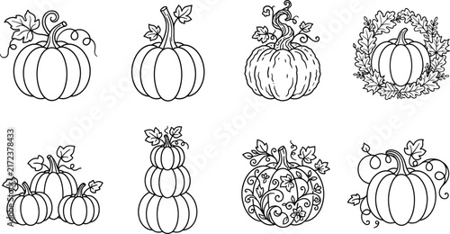 Eight unique hand drawn pumpkin illustrations beautifully incorporate delicate floral elements ideal for autumn themed designs and are isolated on a transparent background