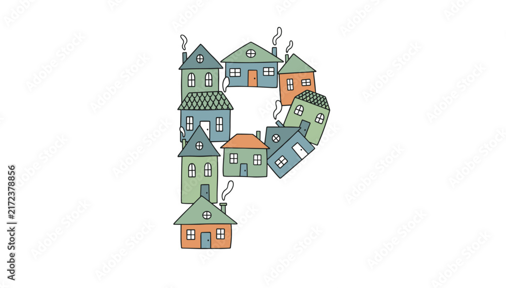 Fototapeta premium Capital letter P is uniquely constructed from a cluster of charming little colorful houses with smoking chimneys.