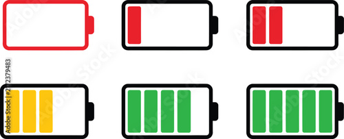 Battery power level indicator icons with color status for mobile device interface design set