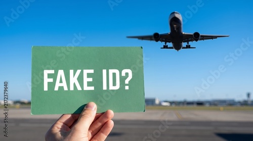 Hand holding a sign with the text fake id at an airport with a landing airplane in the background