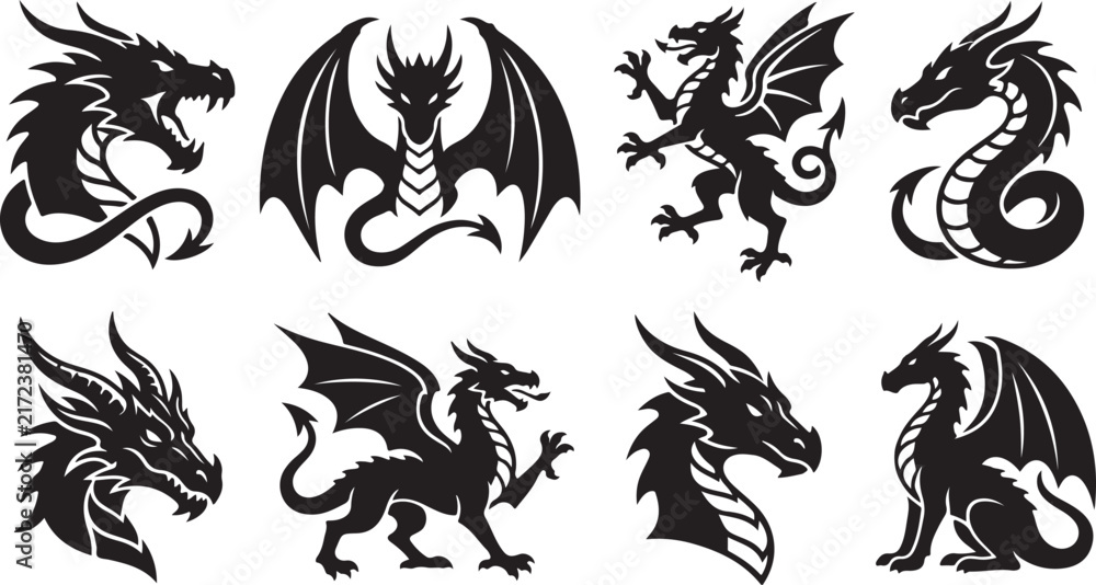 Fototapeta premium Collection of black dragon silhouettes featuring mythical creatures in various poses and head profiles isolated on a white background
