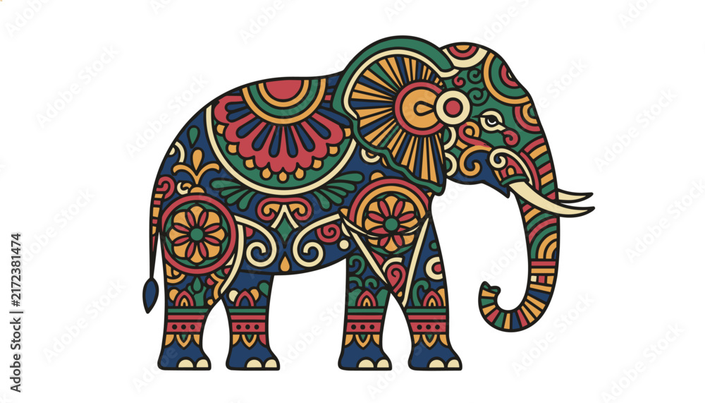 Fototapeta premium Beautiful decorated Indian elephant with intricate traditional patterns and colorful floral ornaments on its body.