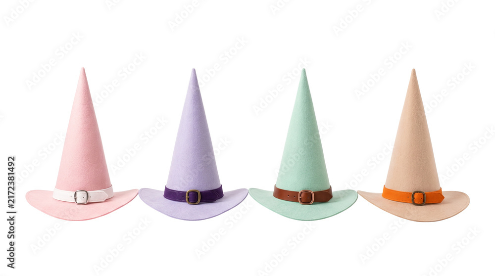 Obraz premium Colorful Pastel Witch Hats Row Isolated on Black Background, Pastel Halloween Pointy Wizard Hats with Buckles Banner Concept