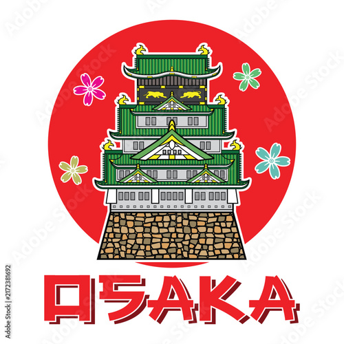 Line art Illustration vector symbols of Japan with Japan style castle Osaka Castle background with red circle and cherry blossoms drawing in colorful