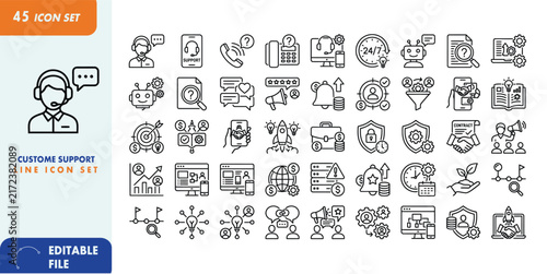45 Customer Support Line Icon Set – Help Desk, Call Center, Live Chat, CRM and Technical Support Outline Vector Icons