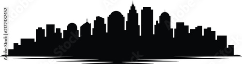 City skyline silhouette with diverse skyscraper architecture and urban building rooftops arranged in a horizontal row to create a detailed black profile view of a metropolitan corporate