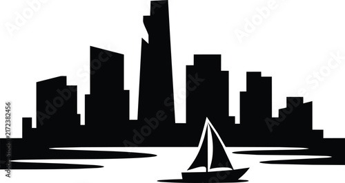 City skyline silhouette with a sailboat on water, featuring a tall skyscraper and various commercial buildings in a coastal urban harbor setting for travel tourism and real estate property
