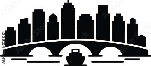 Cityscape skyline silhouette with an arched stone bridge and a river boat in the foreground, black and white urban architecture graphic representing a metropolitan riverfront travel