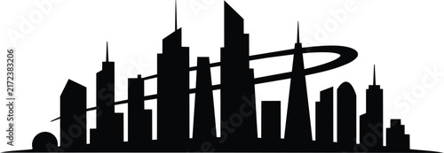 Futuristic city skyline silhouette of a modern metropolis with tall skyscrapers and a curved orbital ring structure, a minimalist black urban landscape on a plain white background