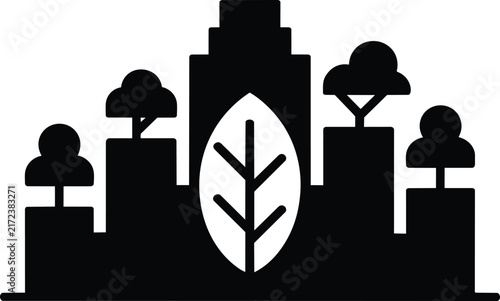 Green city skyline vector icon, sustainable urban planning and eco-friendly environmental architecture symbol, modern ecological town silhouette with trees and leaf for conservation