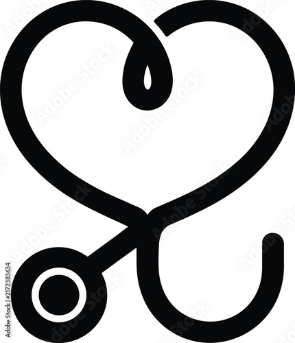 Heart-shaped stethoscope medical icon representing cardiology and healthcare services, minimalist black line vector art isolated on a white background for hospital and clinic branding