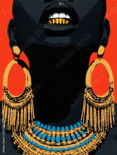 African American woman with gold jewelry and grillz in pop art style