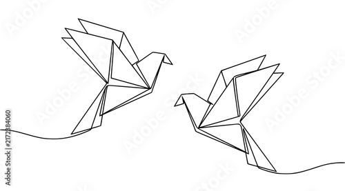Origami Paper Dove Pair Handmade Folding Craft Origami Day One Line Vector Illustration