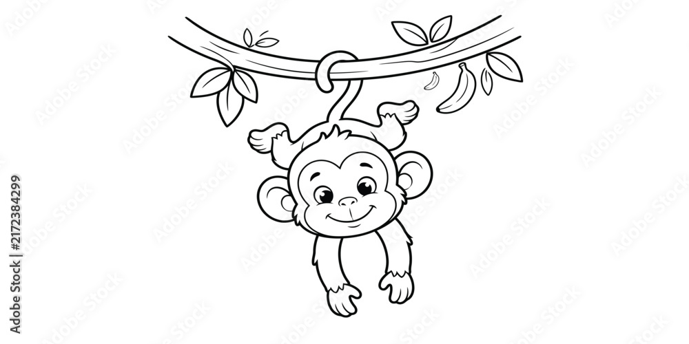 Fototapeta premium Monkey hanging from vine black and white illustration on transparent background silhouette