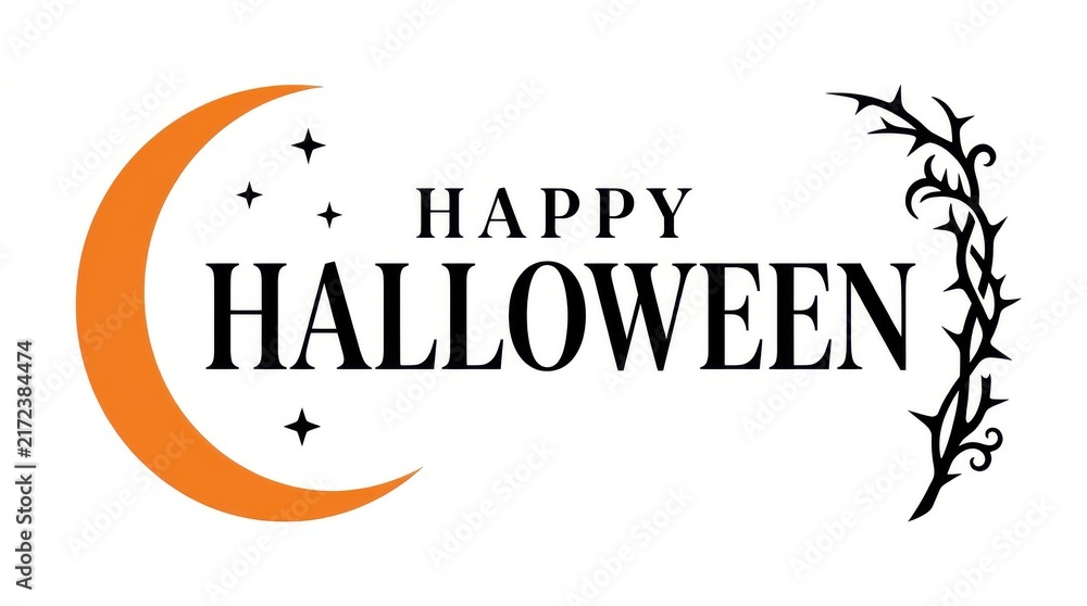 Fototapeta premium Happy halloween lettering with crescent moon and thorny branch