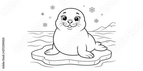 Cute baby seal resting on ice floe black and white silhouette on transparent background