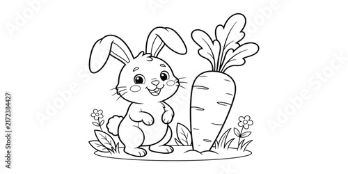 Rabbit standing beside a large carrot black and white silhouette on transparent background