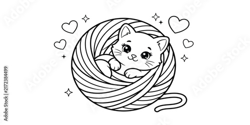 Kitten nestled within a ball of yarn black and white silhouette on transparent background