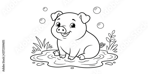 Smiling pig in muddy puddle with bubbles black and white silhouette on transparent background