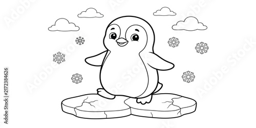 Charming penguin illustration with snowflakes and clouds on transparent background silhouette