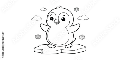 Cute penguin standing on ice floe black and white silhouette on transparent background