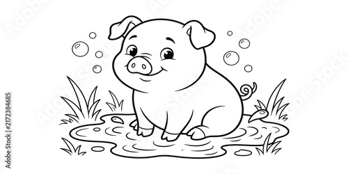 A cheerful piglet sits in water with bubbles silhouette on transparent background