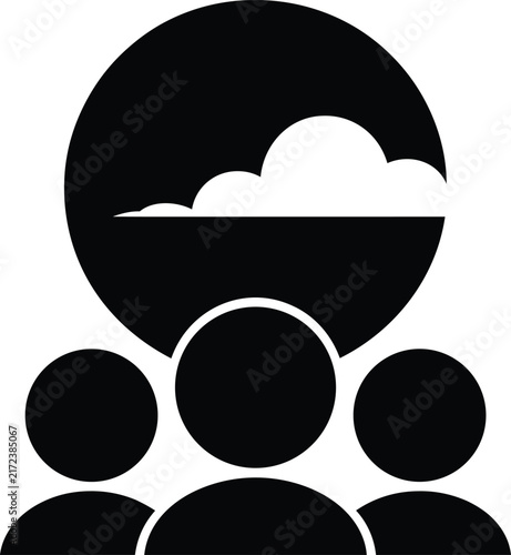 Minimalist black and white vector icon of a three person silhouette crowd standing under a circular sun and cloud, symbol for community, outdoor public gathering, and audience