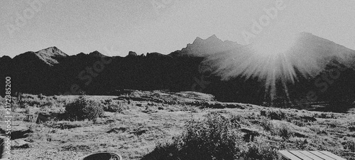 Canvastavla Rugged Mountain Range Beyond Open Shrubland in Coarse Grain Monochrome Panorama